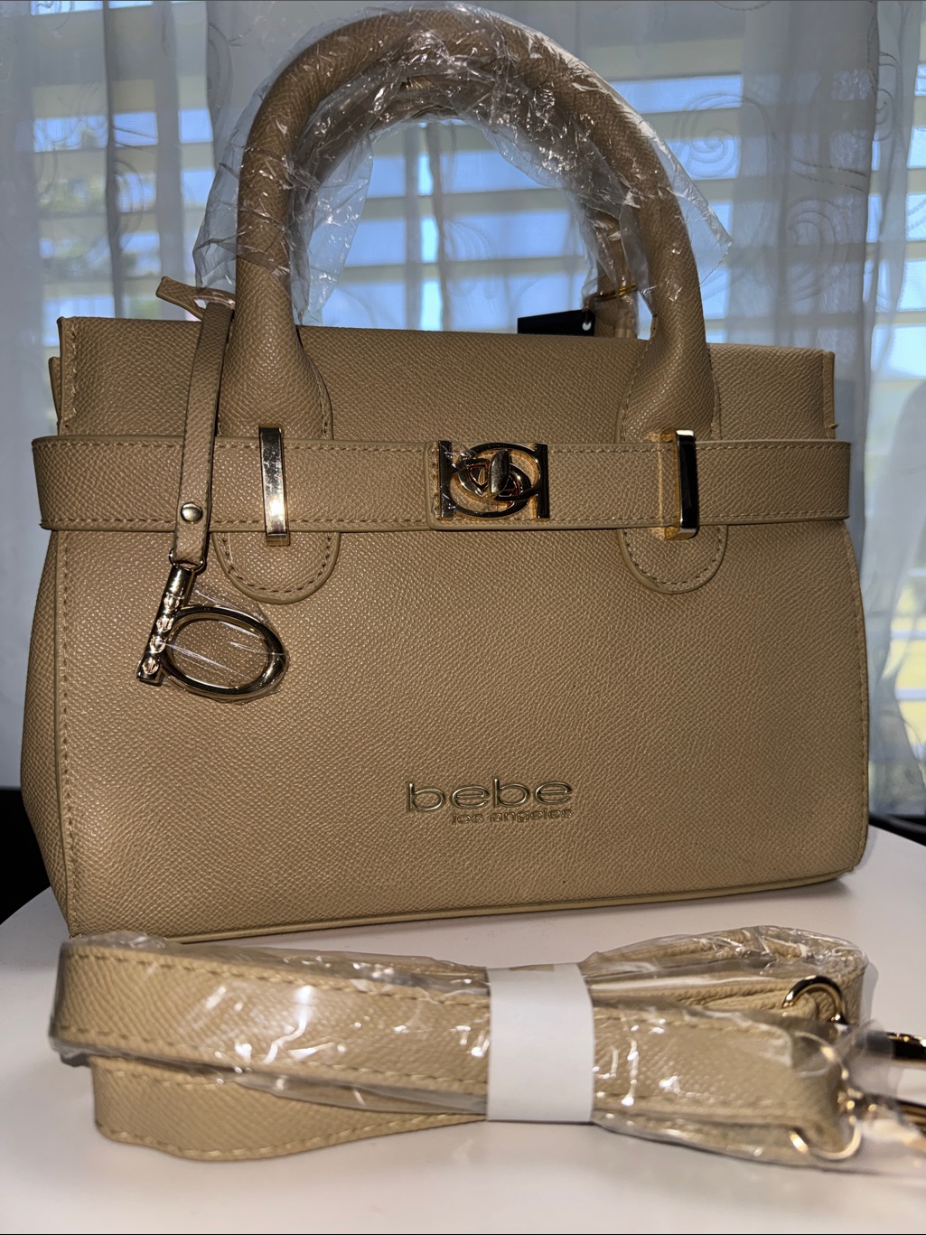 Bebe Evie Small Satchel Beige. Top-Handle With Gold Hardware